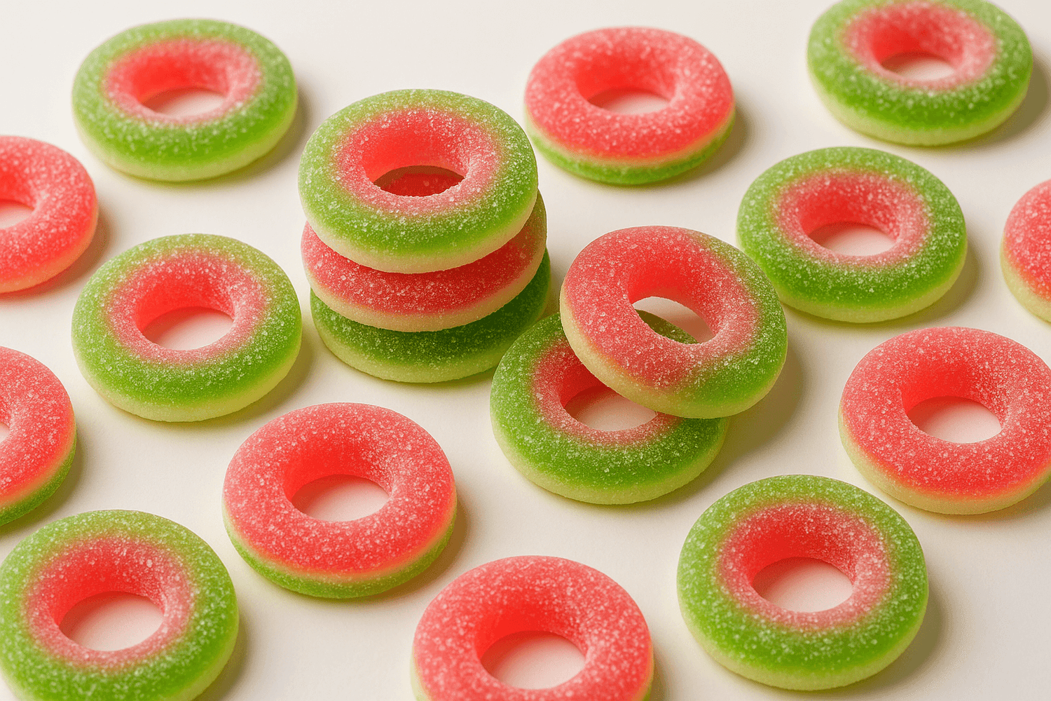 Albanese Watermelon Rings 8oz - vibrant gummy watermelon candy with a chewy texture and sweet flavor.